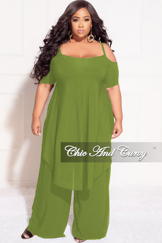 Final Sale Plus Size 2pc Cold Shoulder High low Top and Wide Leg Pants in Olive