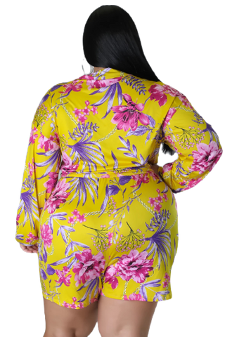 Final Sale Plus Size 2pc Crop Top & Bermuda Short Set in Yellow Floral Print