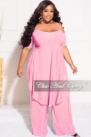 Final Sale Plus Size 2pc Cold Shoulder High low Top and Wide Leg Pants in Pink