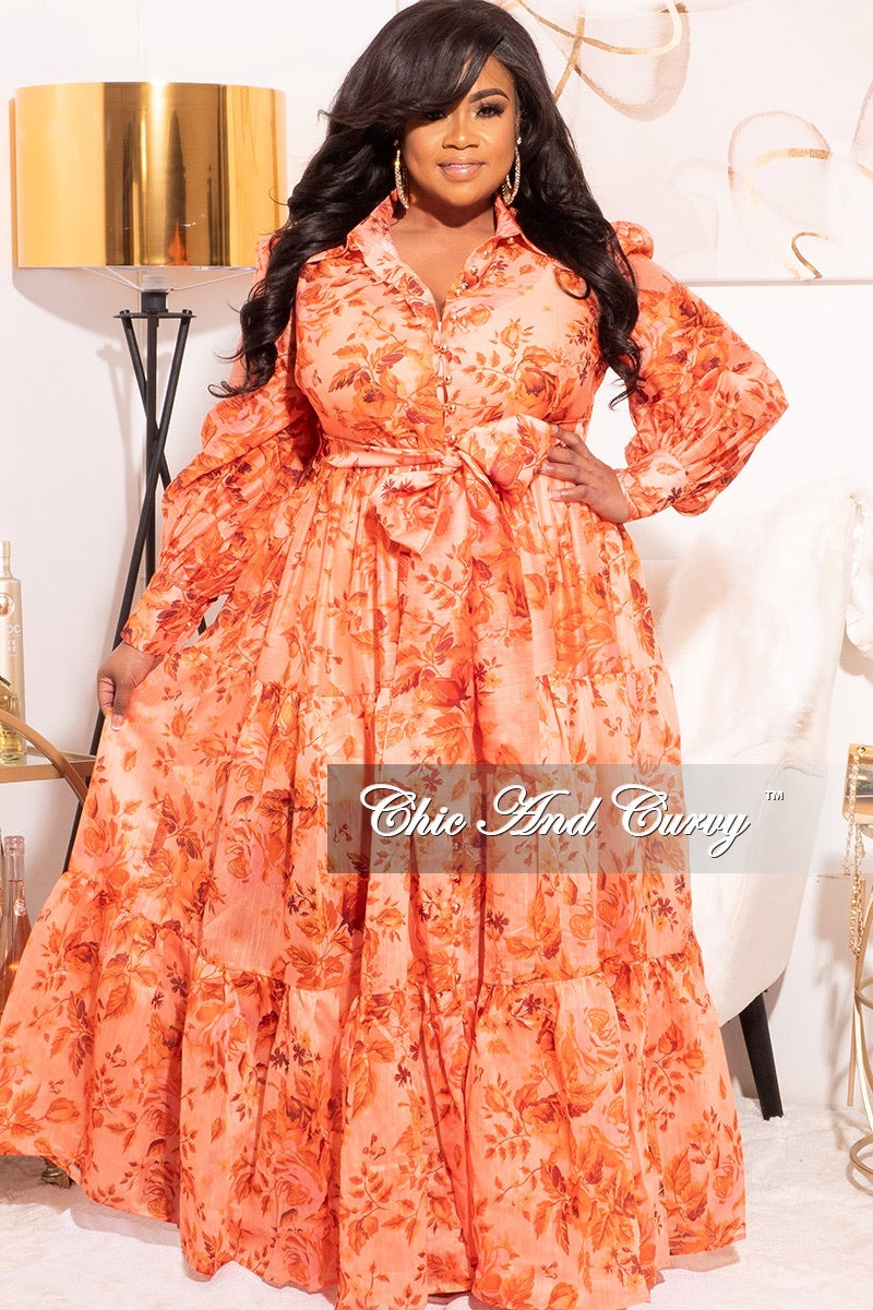 Final Sale Plus Size Maxi Dress with Orange Floral Print Chic And Curvy