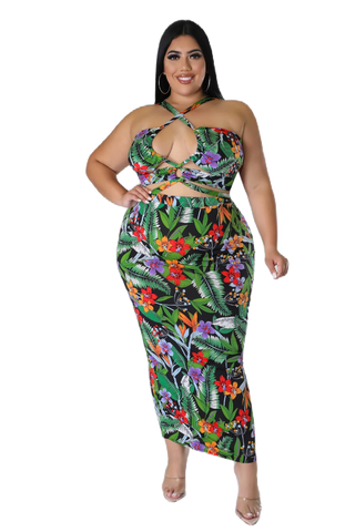 Final Sale Plus Size 2pc Halter Criss Cross Top and Skirt Set in Black Floral Multi Color Print