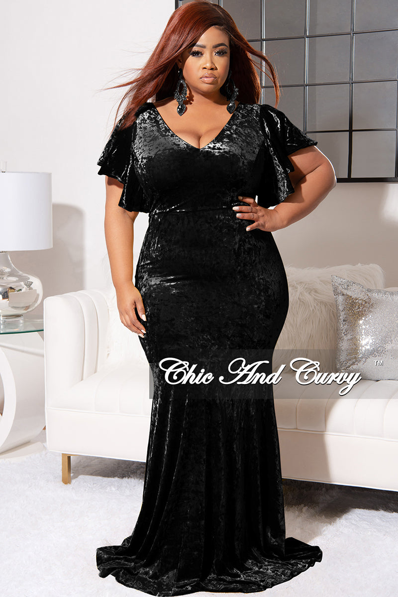 Final Sale Plus Size Faux Wrap Sleeves Gown Velvet in Black - 1x 14/16 Final Sale Plus Size Faux Wrap Sleeves Gown Velvet in Black - 1x 14/16