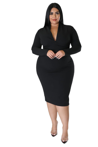 Final Sale Plus Size V Neck Midi Dress in Black