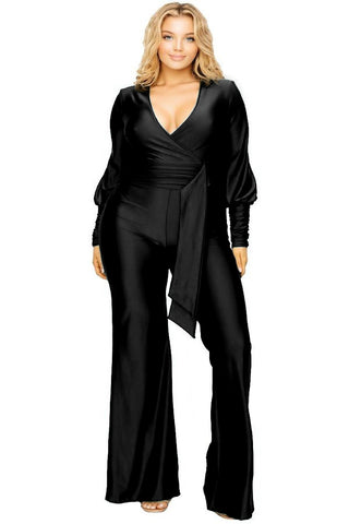 Available Online Only - Final Sale Plus Size Faux Wrap Ruched Sleeve Shiny Jumpsuit in Black