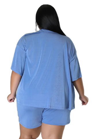Final Sale Plus Size Slinky 3pc Set (Collar Top, Halter Bra and Bermuda Shorts) Set in Blue