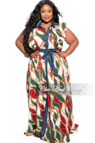 Final Sale Plus Size Tie Maxi Dress in Wine & Green Chain Print/Denim
