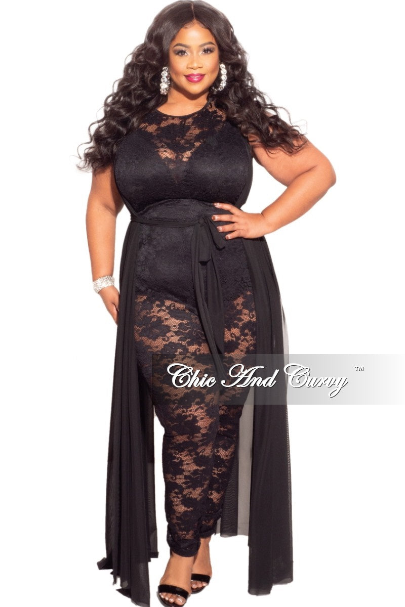 Final Sale Plus Size Mesh Train Lace Jumpsuit in Black Chic And Curvy Final Sale Plus Size Mesh Train Lace Jumpsuit in Black Chic And Curvy