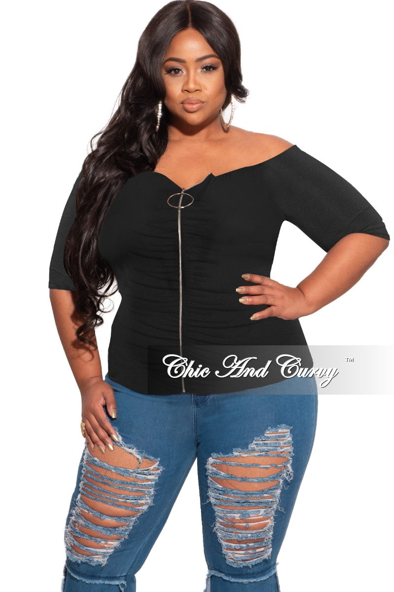 Final Sale Plus Size Off the Shoulder Zip Top in Black – Chic And
