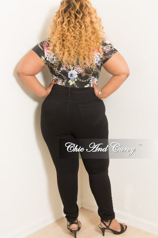 New Plus Chain Print Bodysuit in Black Floral Print
