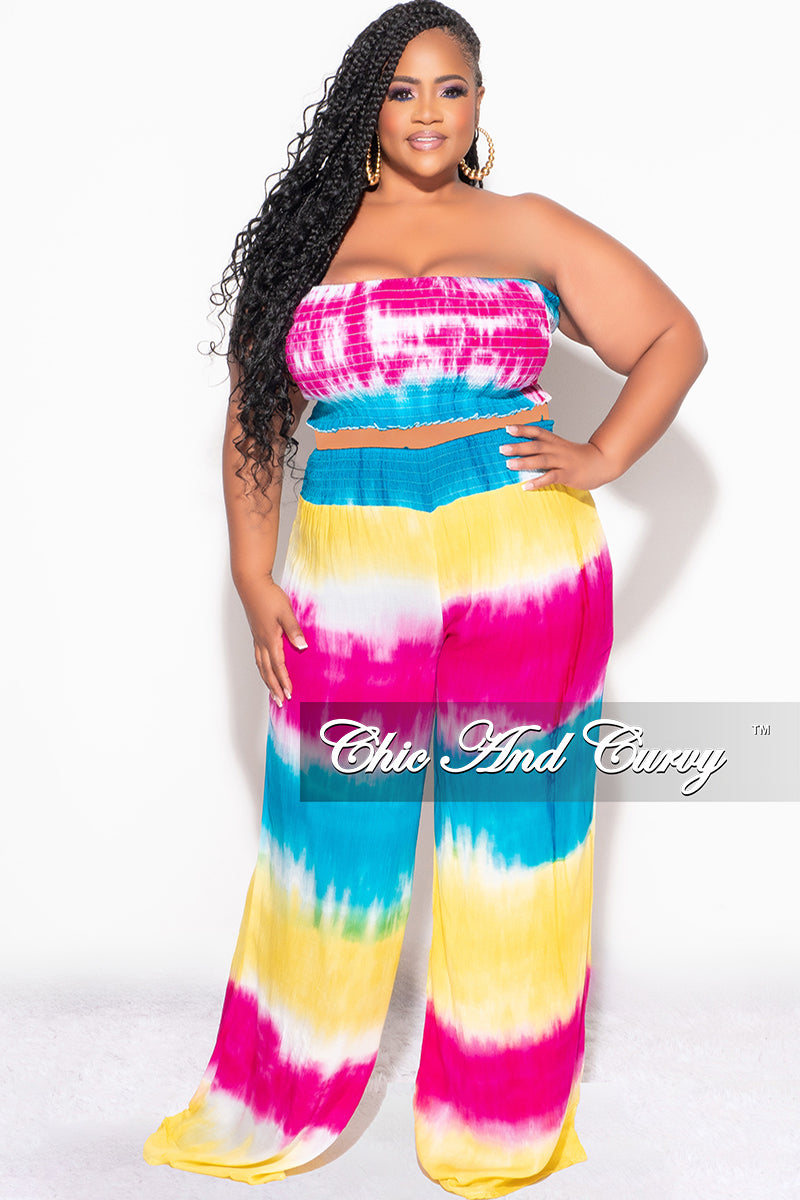 Final Sale Plus Size 2pc Strapless Frill Crop Top and Palazzo Pants Set Multi-Color Tie Dye Print