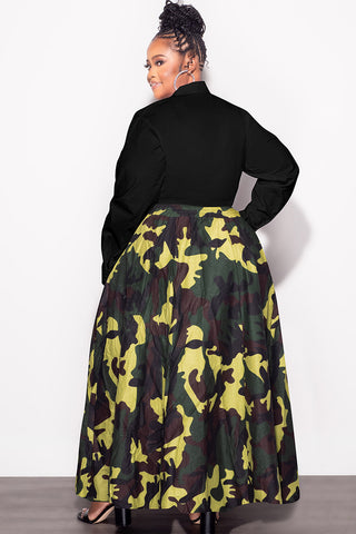Final Sale Plus Size High Waist Maxi Skirt with Tie in Camouflage Print