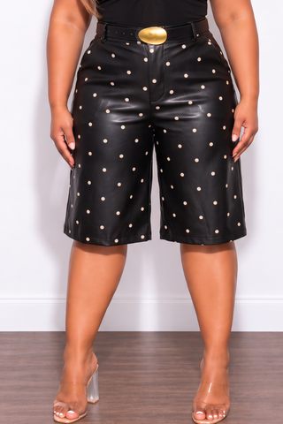 Final Sale Plus Size Faux Leather Shorts in Black With White Polka Dots (Shorts Only)