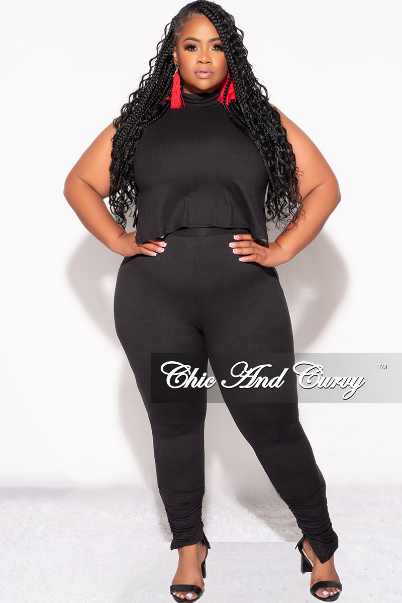 Final Sale Plus Size 2pc Mock Neck Side Knot Tie Crop Top and Ruched Pants Set in Black