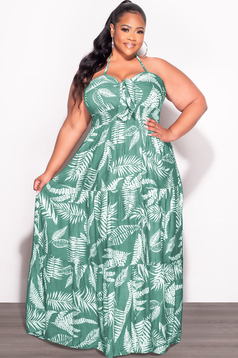 Final Sale Plus Size Halter Tiered Dress in Green & White Leaf Print