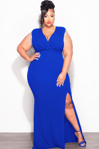 Final Sale Plus Size Faux Wrap Rhinestone Fringe Sleeve Maxi Dress in Royal Blue