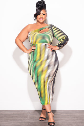Final Sale Plus Size One Shoulder Midi Dress in Green Tan Mustard and Black