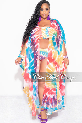 Final Sale Plus Size Chiffon Duster With Wrist Cuff in Red /Purple Multi Tie Dye