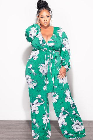 Final Sale Plus Size Faux Wrap Jumpsuit with Waist Tie in Green and White Floral Print
