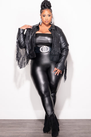 Final Sale Plus Size Fringe Faux Leather Top Jacket in Black