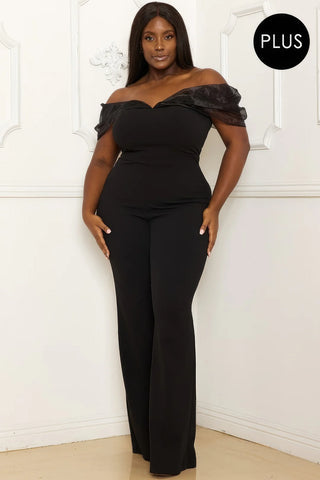 Final Sale Plus Size Mesh Off The Shoulder Plus Size Jumpsuit in Black