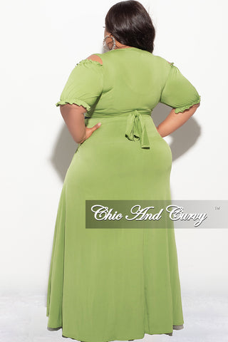 Final Sale Plus Size 2pc Faux Wrap Crop Tie Top And Double Slit Skirt Set in Lime