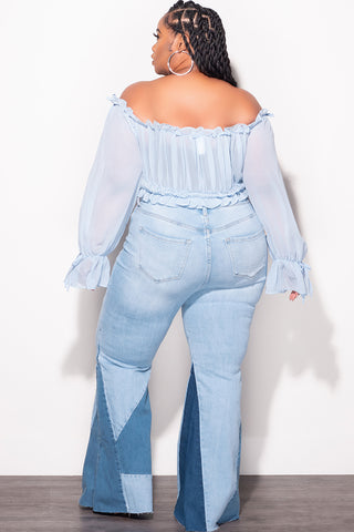 Final Sale Plus Size ColorBlock Flare Denim Jeans in Light Stone Denim