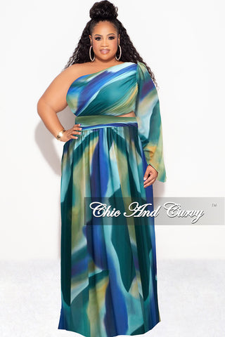 Final Sale Plus Size One Shoulder Sheer Dress with Cutout and Front Slit in Blue Multi Color