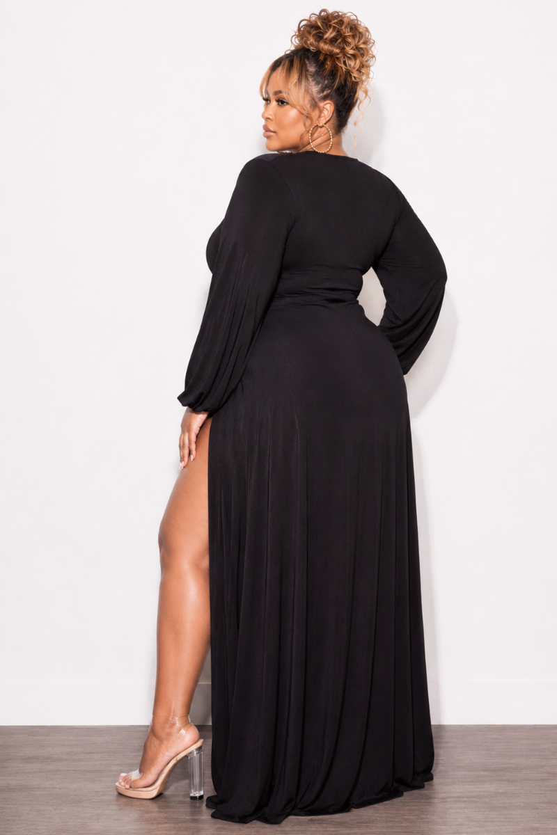 long plus size black dress Plus Size Empire Evening Gown Long Sleeves Black Slinky Sizes 14