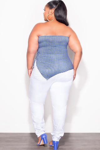 Final Sale Plus Size Gingham Tube Top with Drawstring Ruched Side in Royal Blue & White