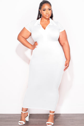 Final Sale Plus Size Collar V Neck Midi Dress in White