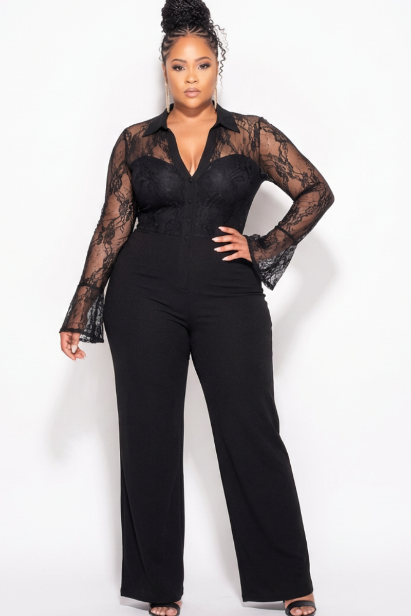Final Sale Plus Size 2pc Top and Pants Set in Black with Lace Detail