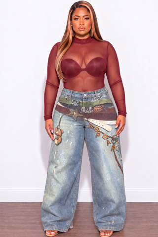 Final Sale Plus Size Printed Jeans With Flare Legs Belt & Starfish Print