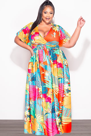 Final Sale Plus Size 2pc (Faux Wrap Crop Tie Top & Skirt) Set in Orange and Fuchsia Multi Color Floral Print