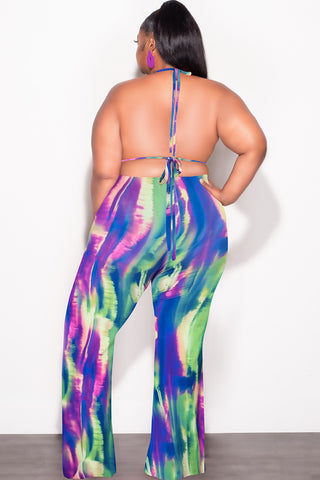 *Final Sale Plus Size  3pc Poolside Playsuit (Top, High Waist Bottoms & Pants) Set in Neon Watercolors