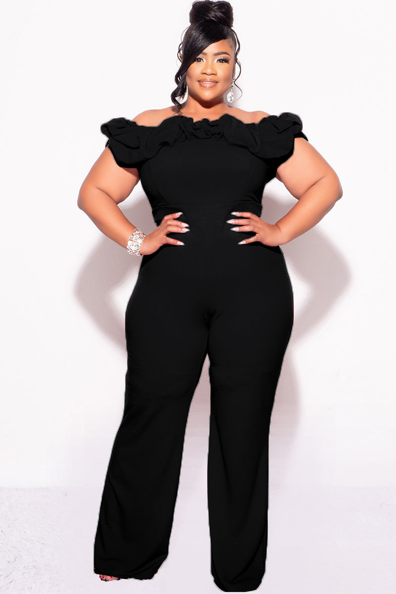 Final Sale Plus Size Off the Shoulder Ruffle Trim Jumpsuit in Black