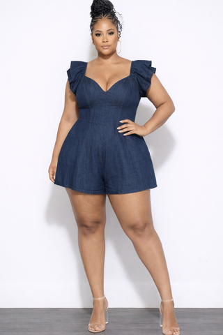 Final Sale Plus Size Sweetheart Ruffle Sleeve Romper in Denim