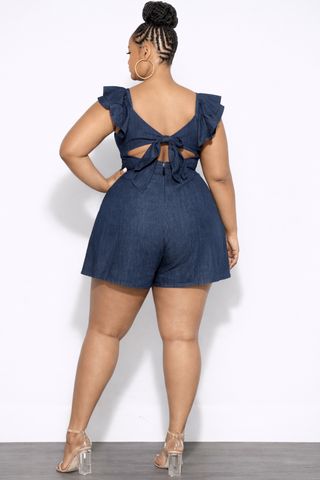 Final Sale Plus Size Sweetheart Ruffle Sleeve Romper in Denim