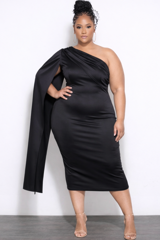 Final Sale Plus Size One Shoulder Long Train BodyCon Dress in Black