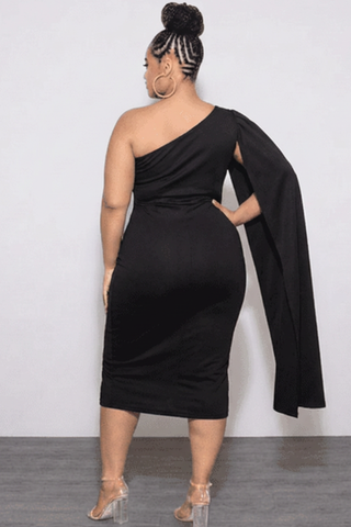 Final Sale Plus Size One Shoulder Long Train BodyCon Dress in Black