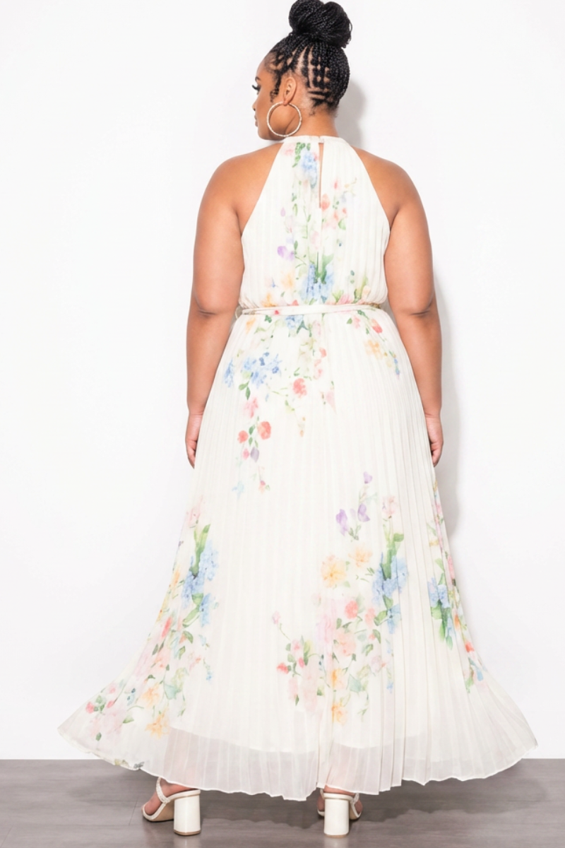 white floral print chiffon halterneck maxi dress Final Sale Plus Size Sleeveless Chiffon Chain Halter Neck Maxi Dress in Ivory Floral Print