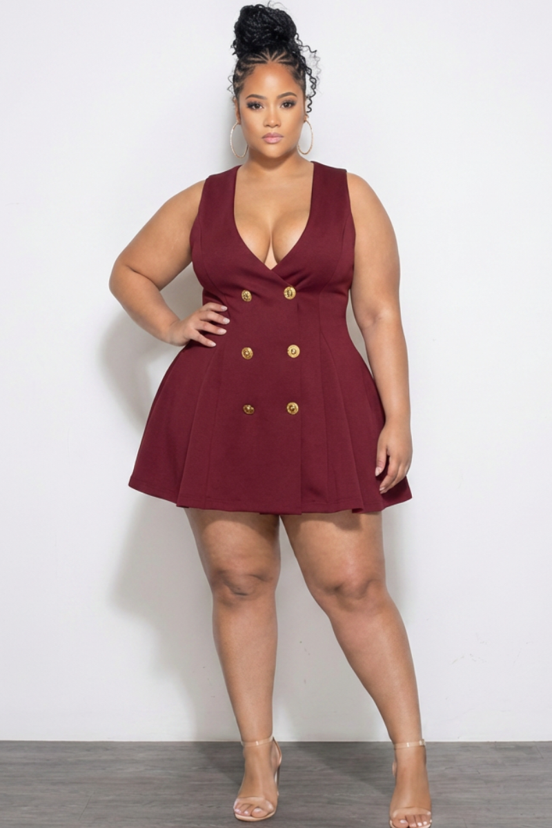 Final Sale Plus Size Sleeveless Scuba Baby Doll Dress with Gold Button   Chic And Curvy