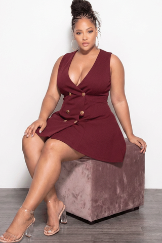 Final Sale Plus Size Sleeveless Scuba Baby Doll Dress with Gold Buttons in Burgundy