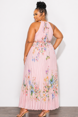 Final Sale Plus Size Sleeveless Chiffon  Chain Halter Neck Maxi Dress in Pink Floral Print