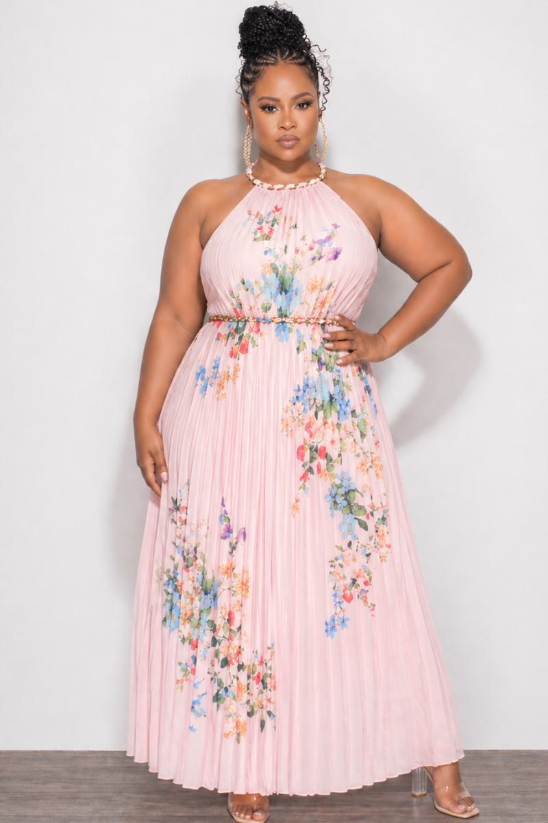 Final Sale Plus Size Sleeveless Chiffon  Chain Halter Neck Maxi Dress in Pink Floral Print