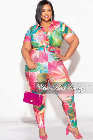 Final Sale Plus Size 2pc Button Up Collar Top and Pants Set in Pink and Green Tropical Print