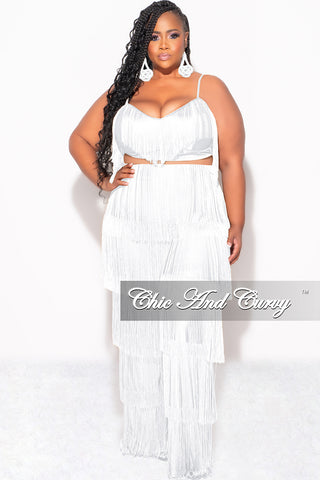 Final Sale Plus Size 2pc Fringe Layered Bra Top and Pants Set In White