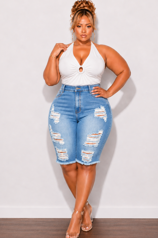 Final Sale Plus Size Distressed Bermuda Shorts in Denim (Shorts Only)