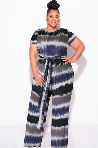 Final Sale Plus Size 2pc Crop Tie Top and Pants Set in Navy & Grey