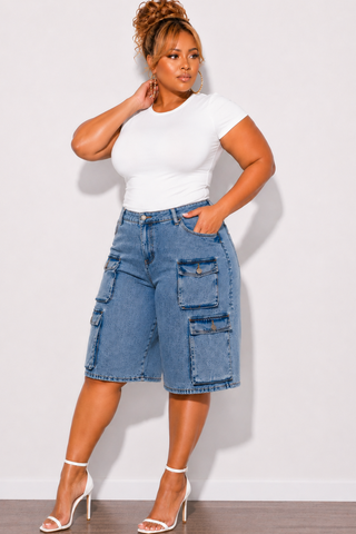 Final Sale Plus Size Acid Wash Cargo Denim Jorts Shorts in Denim