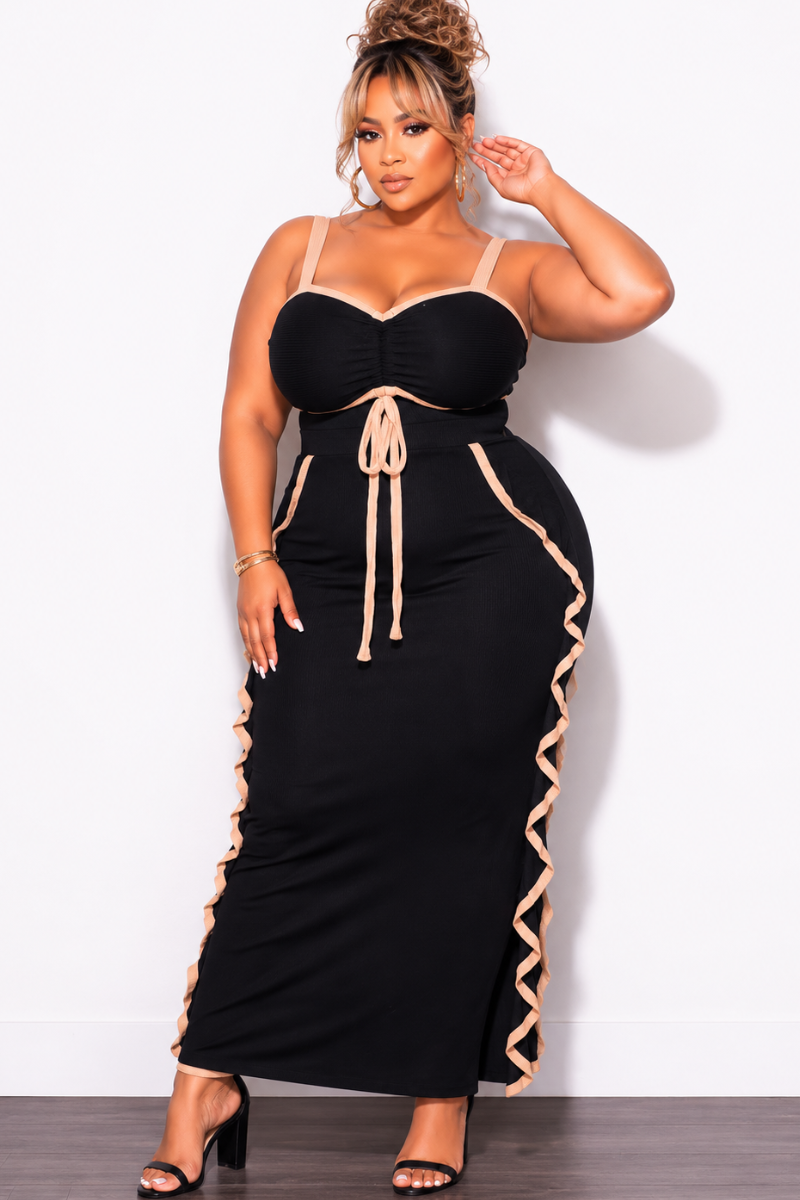 Final Sale Plus Size 2pc Crop Top and Ruffle Skirt Set in Black and Mocha